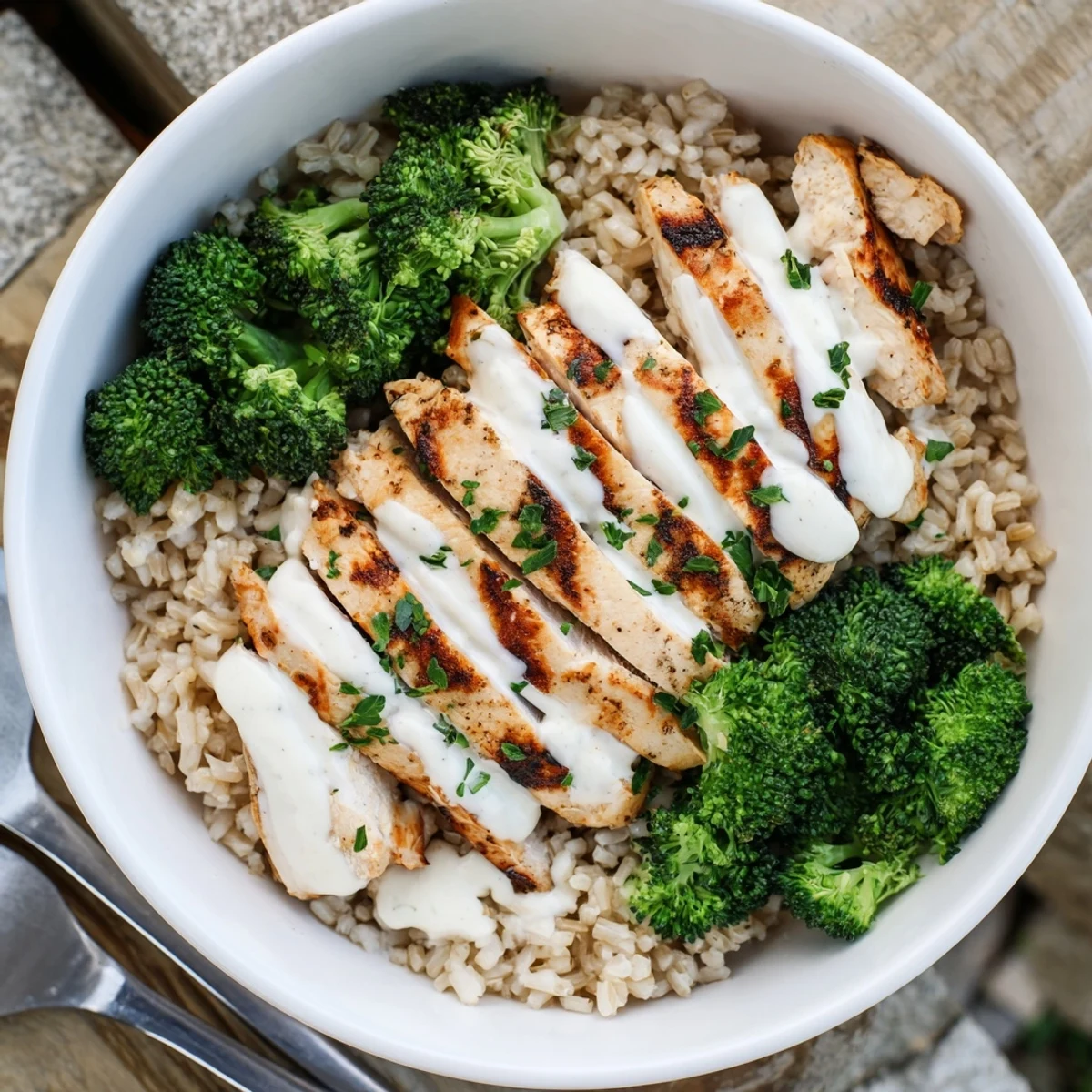 Healthy grilled chicken broccoli bowls with creamy garlic sauce drizzled over sliced chicken breast and crisp steamed broccoli florets