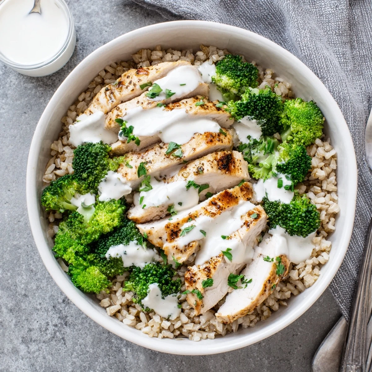 Protein-packed healthy grilled chicken broccoli bowls with luscious creamy garlic sauce served over fluffy grains for a satisfying wholesome meal