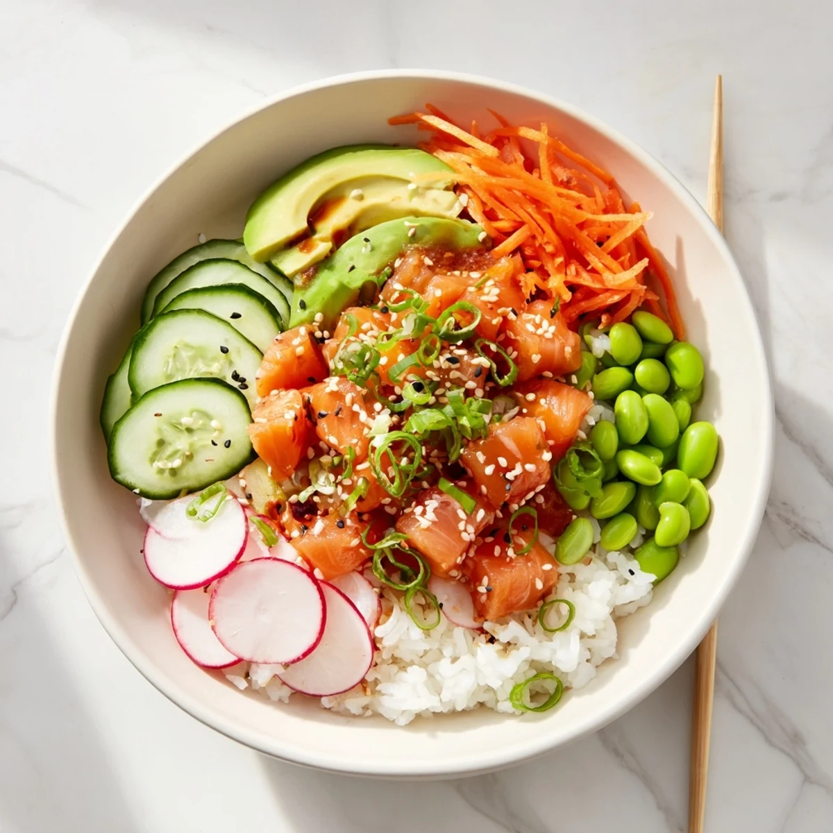 Close-up of marinated salmon and avocado poke bowl drizzled with savory sesame sauce