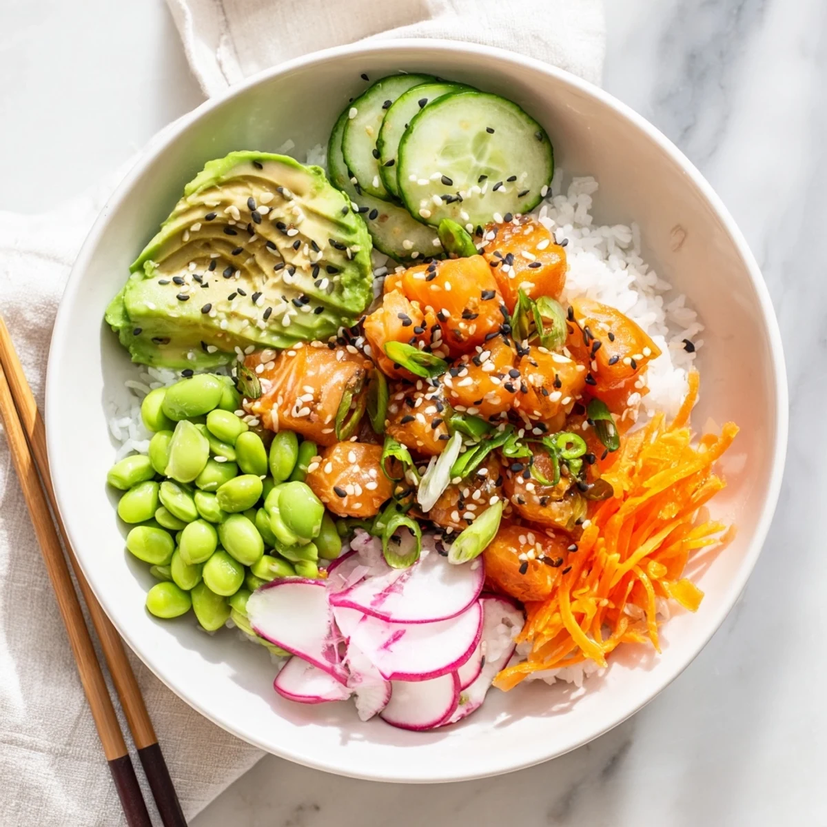 Fresh Hawaiian-style salmon and avocado poke bowl arranged with crisp veggies and toppings