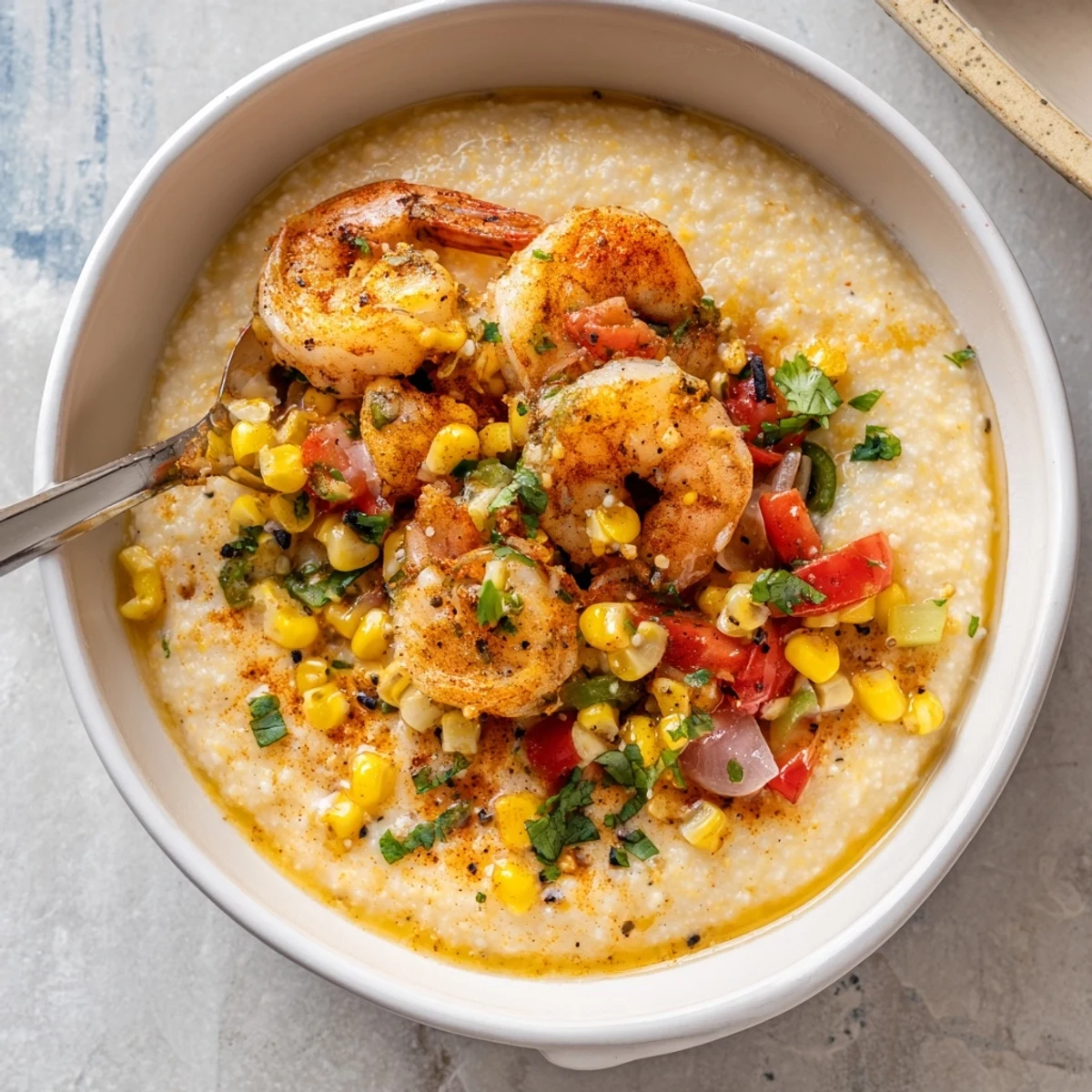 Creamy shrimp grits topped with golden sautéed shrimp and zesty corn salsa in a bowl