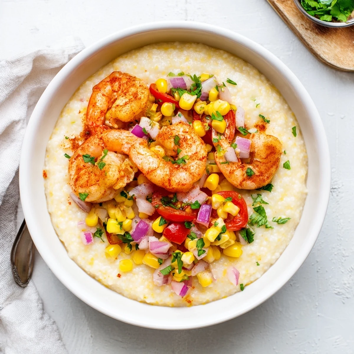 Southern-style shrimp grits featuring cheddar grits, seasoned shrimp, and fresh corn salsa garnish