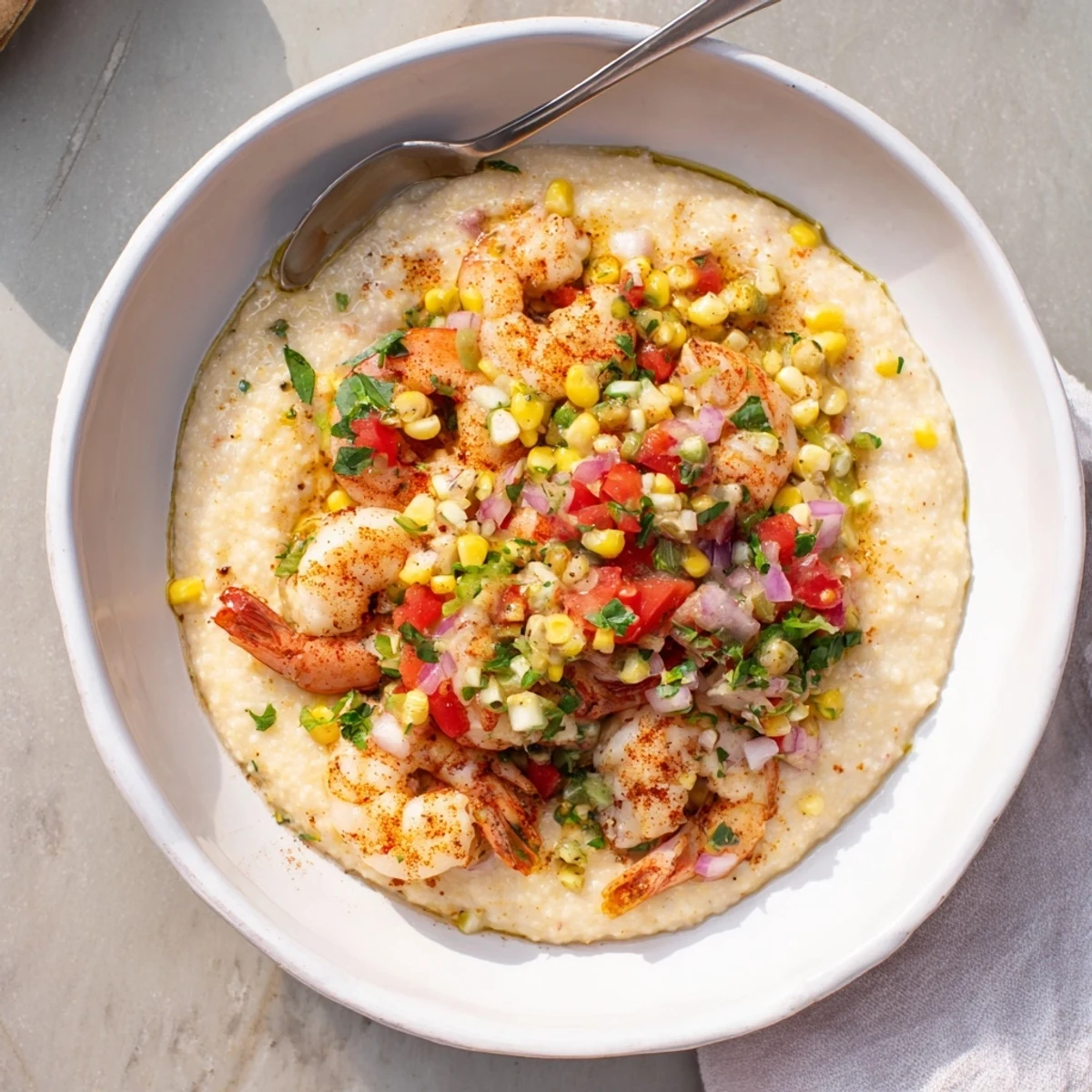 Golden shrimp resting atop cheesy grits with colorful corn salsa and cilantro accents