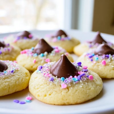 Golden Easter Blossom Cookies arranged on a white platter with colorful candy centers and spring sprinkles